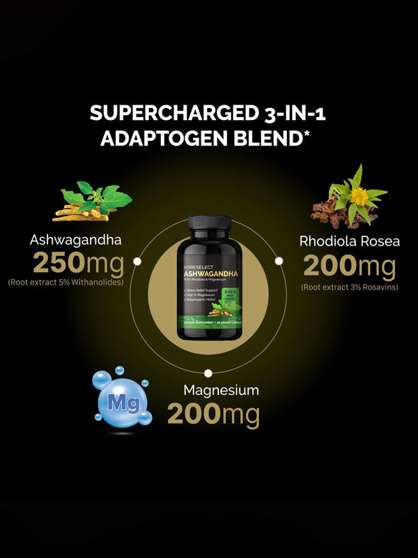 अश्वगंधा तनाव समर्थन कैप्सूल Rhodiola और मैग्नीशियम के साथ - KORESELECT