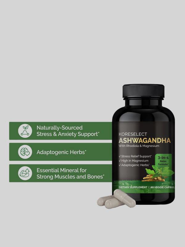 अश्वगंधा तनाव समर्थन कैप्सूल Rhodiola और मैग्नीशियम के साथ - KORESELECT