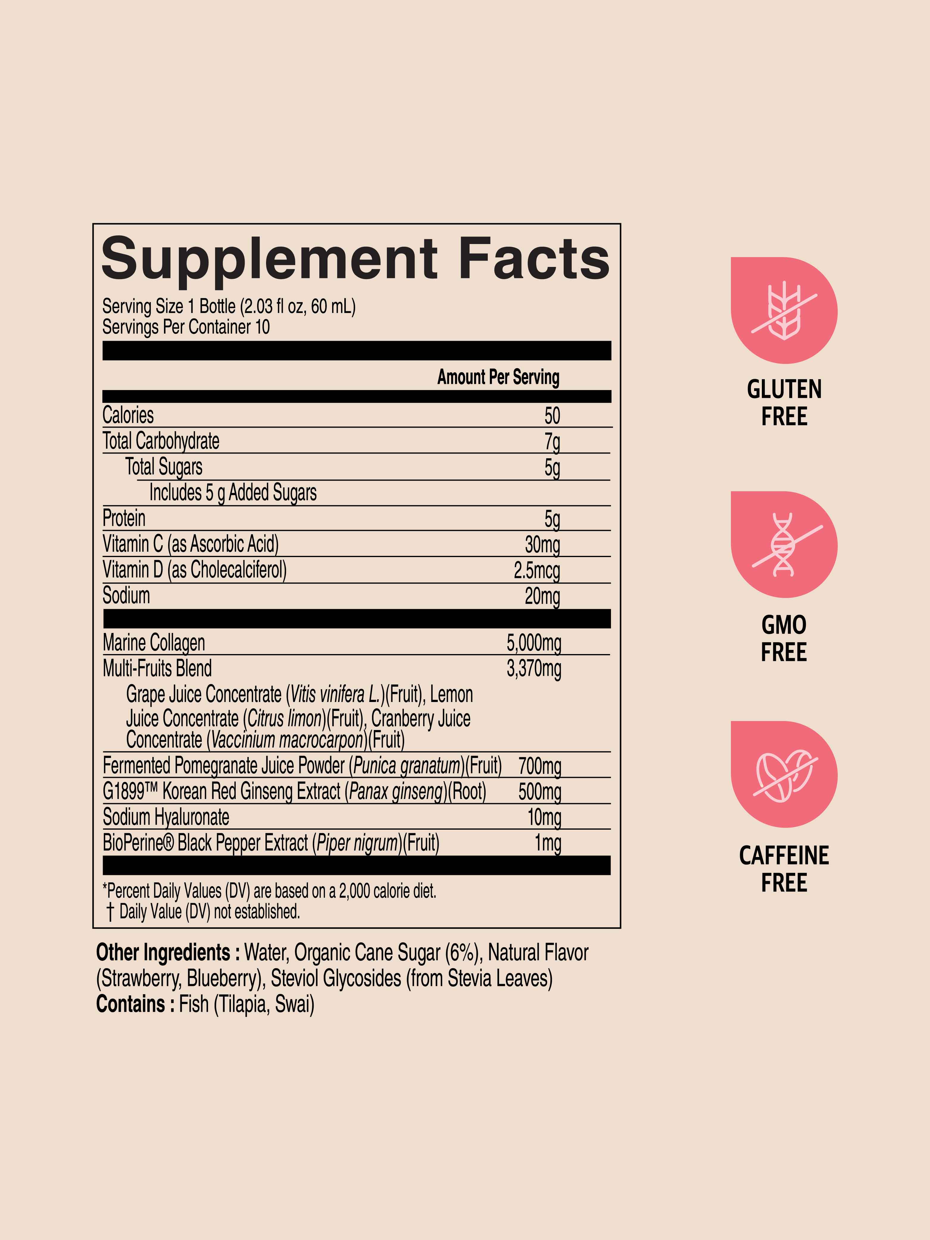 Supplement fact label for collagen immune drink