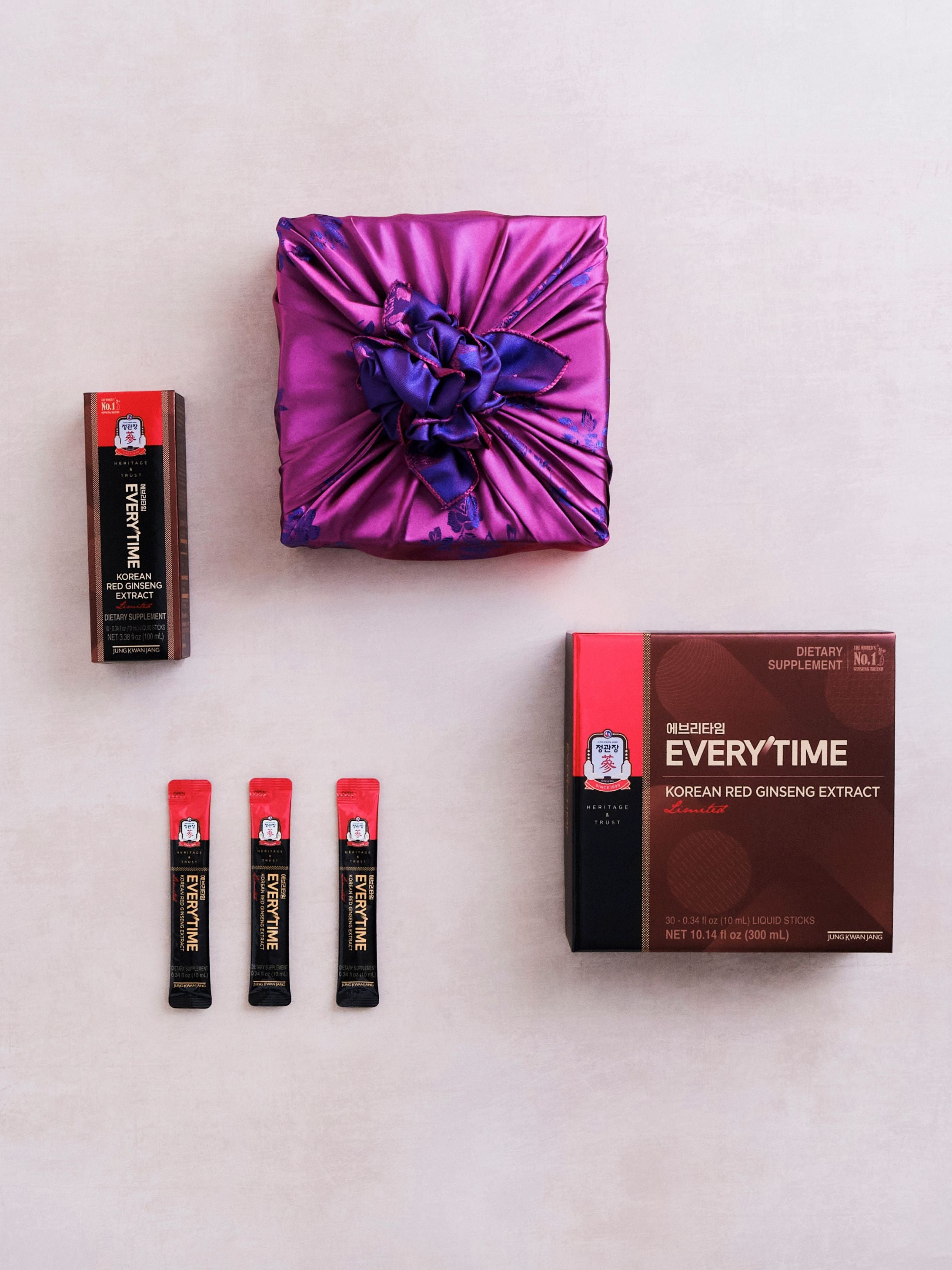 JungKwanJang Korean Red Ginseng Everytime Limited on display with traditional Korean bojagi gift wrapping