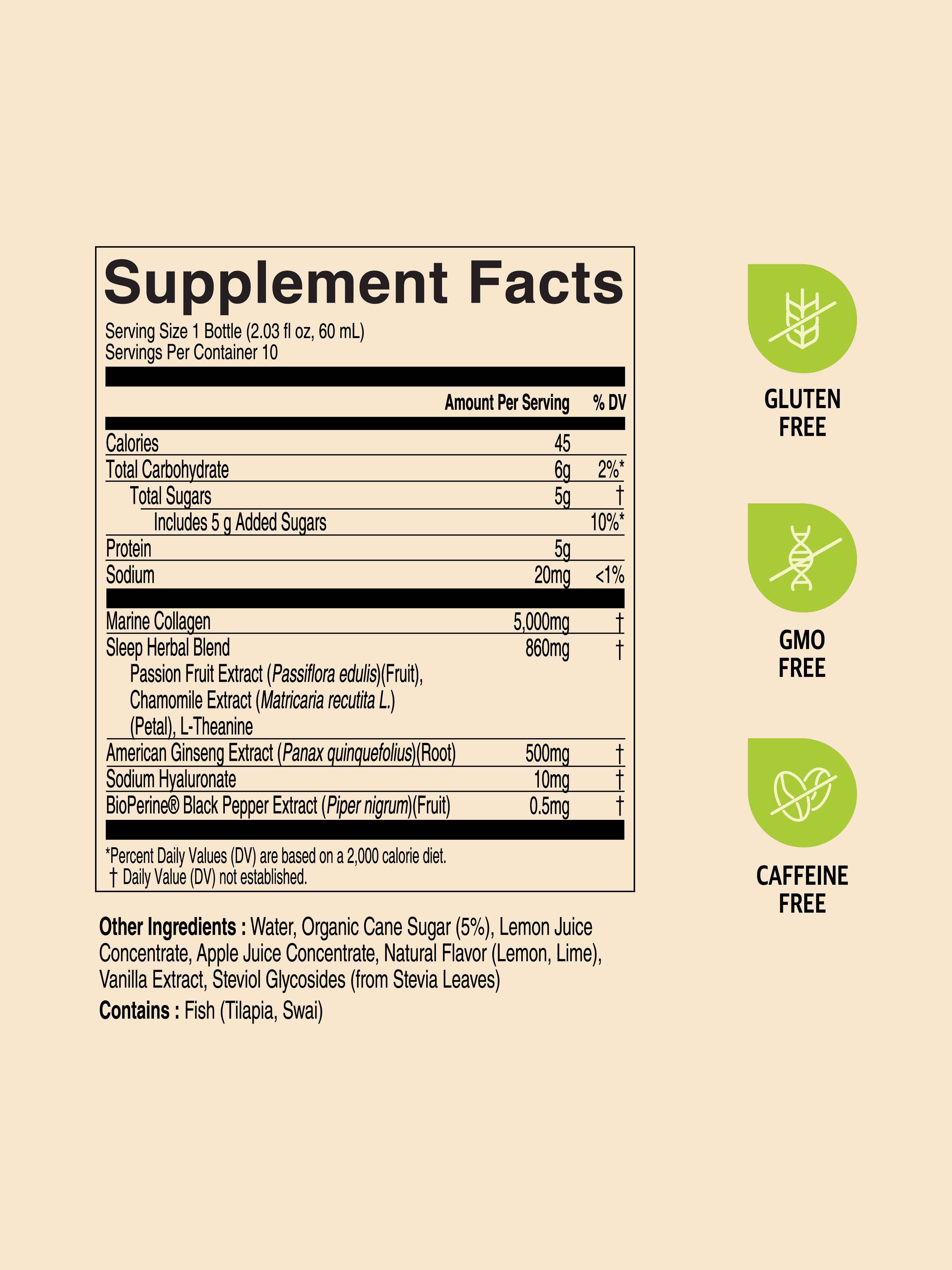 Supplement facts label for EVERYTIME Adapto Collagen Sleep Support
