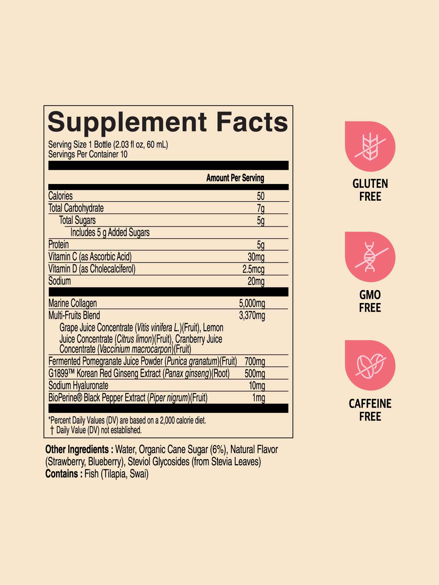 Supplement fact label for collagen immune drink