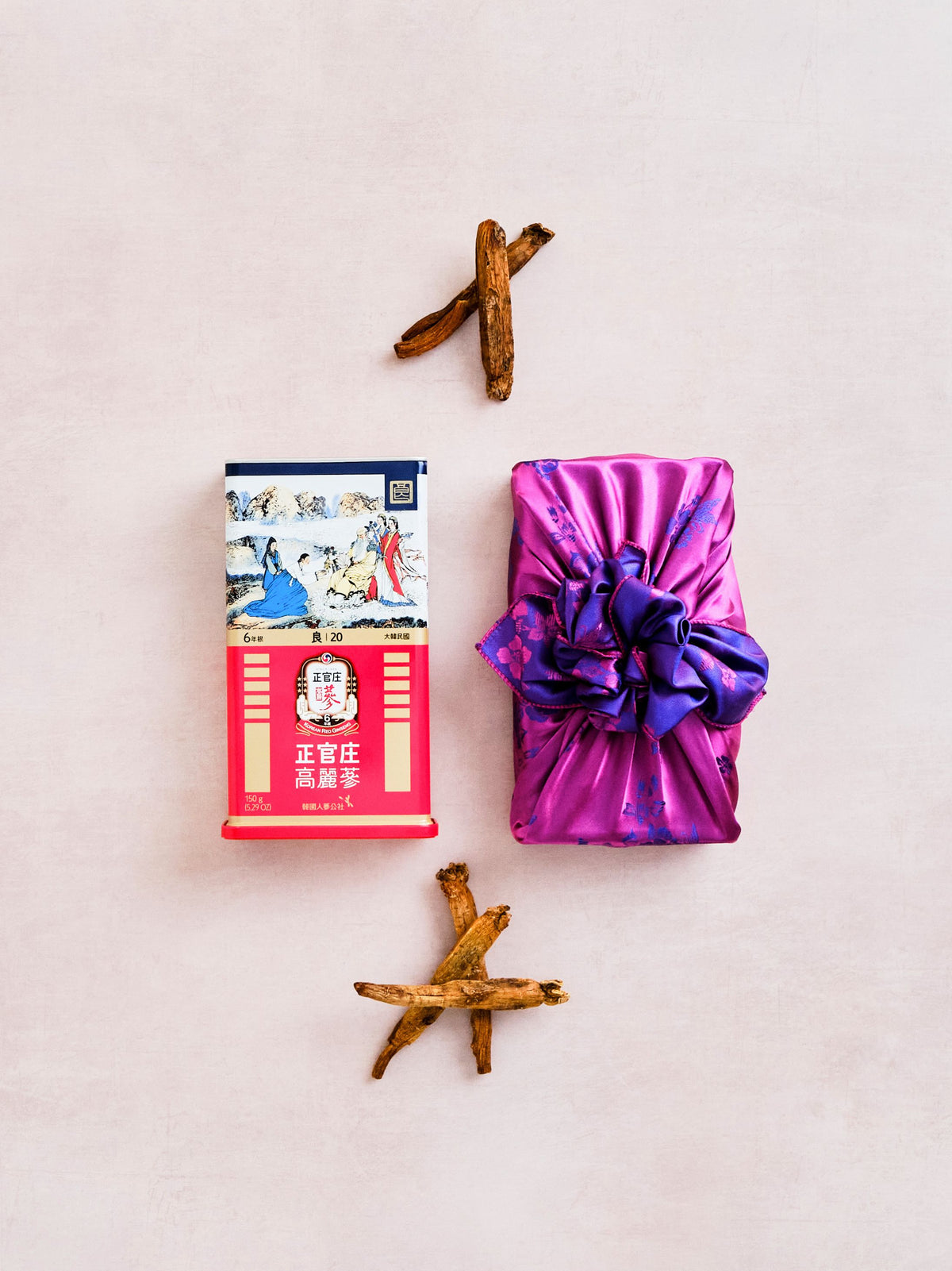 JungKwanJang Korean Red Ginseng Roots on display with traditional Korean bojagi gift wrapping