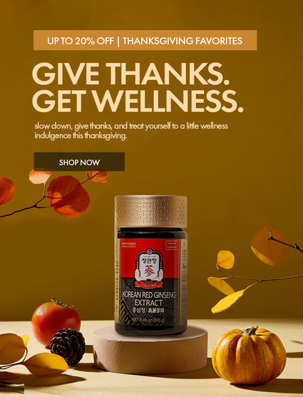 Korean Red Ginseng Extract bottle with autumn-themed background and promotional text.