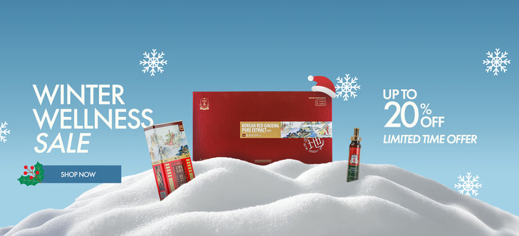 Winter wellness sale advertisement with wellness products on a snowy background. Winter themed promotion banner with Korean Red Ginseng products in snow, 20% off