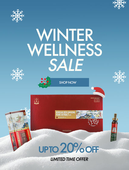 Winter wellness sale advertisement with wellness products on a snowy background. Winter themed promotion banner with Korean Red Ginseng products in snow, 20% off