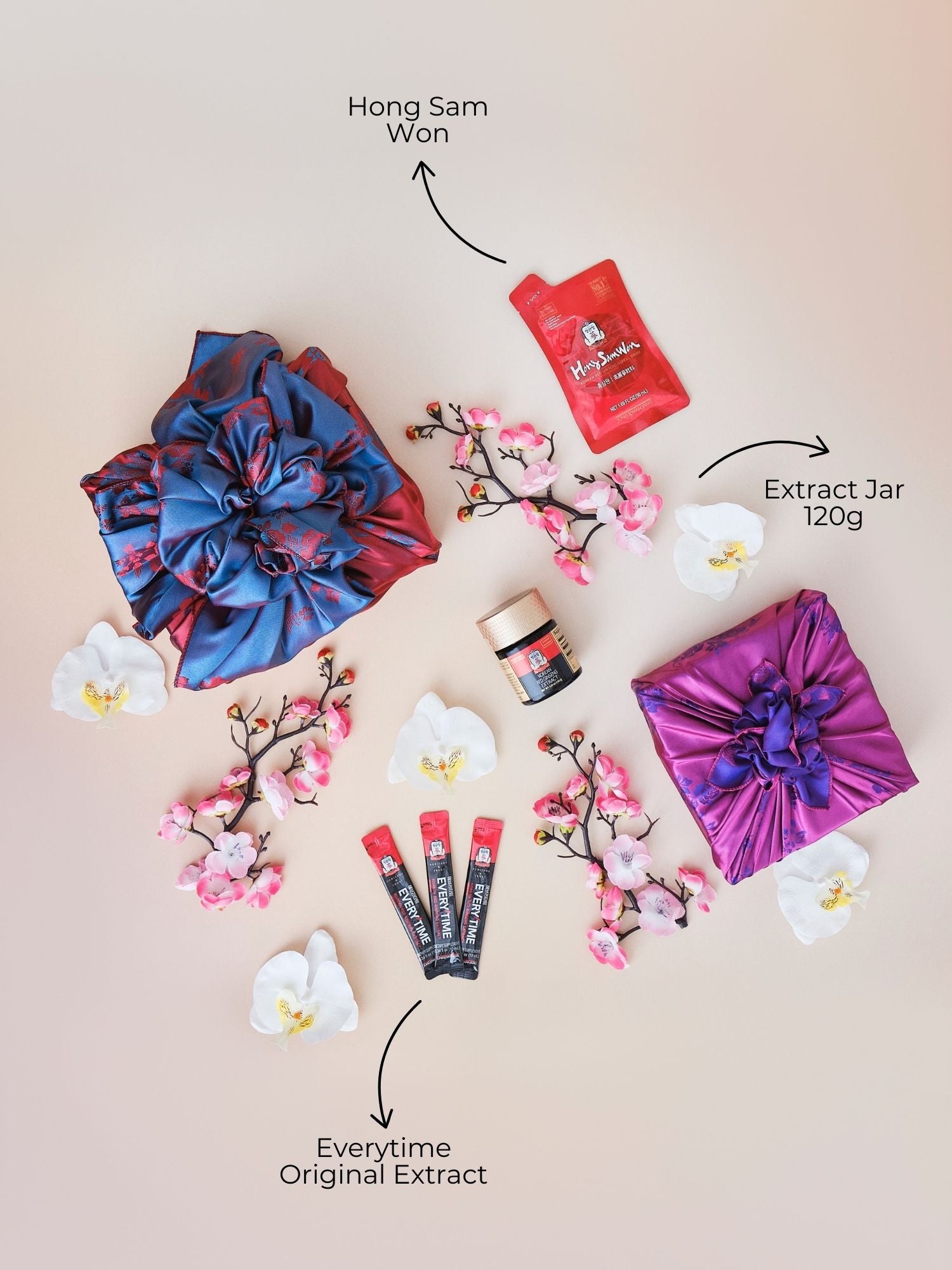 Lunar New Year Korean red ginseng immune gift set featuring Everytime 2000mg sticks, Hong Sam Won, and 120g extract jar wrapped in traditional Korean bojagi with flowers